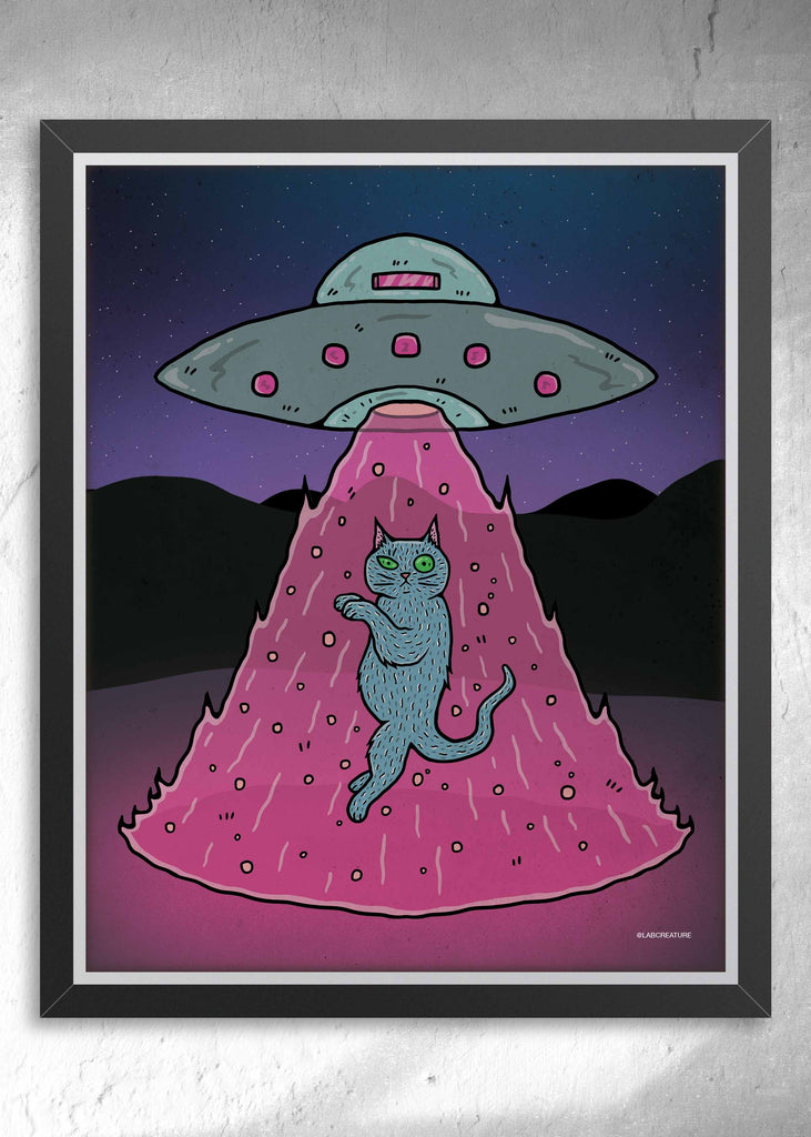 Framed illustration of a cat being beamed up by a ufo with a pink beam and star background