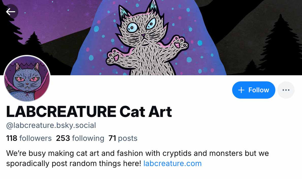 Screenshot of labcreature's bluesky profile with a cat banner