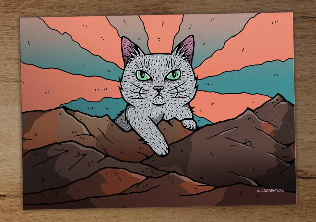 Illustration of a giant grey cat behind a mountain range with coral and turquoise colors