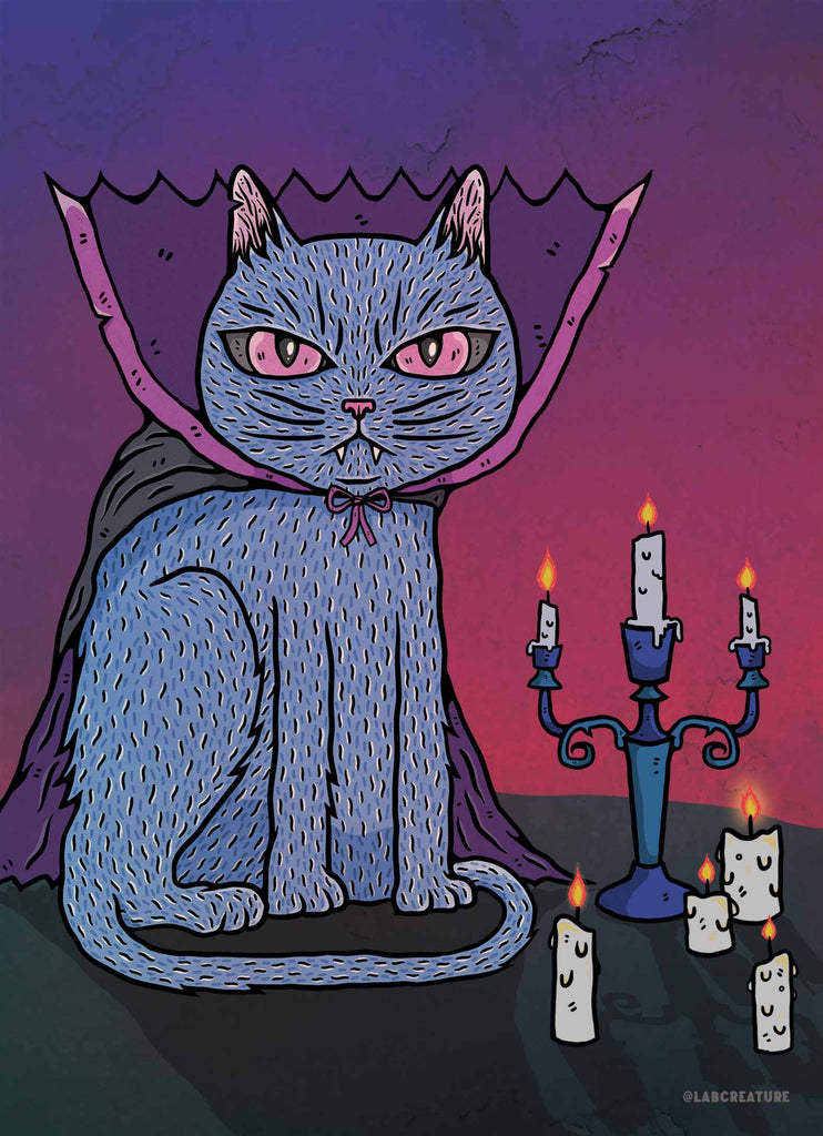 Illustration of a grey cat with vampire fangs and a purple and grey cape with a high collar, sitting with a candelabra and four other candles on a red and purple background 