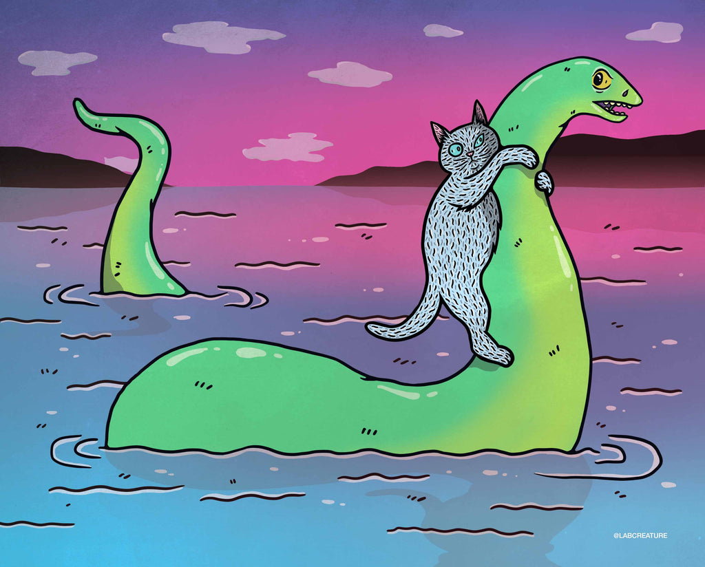 Illustration of a bright green Loch Ness Monster swimming in blue and purple water with a grey cat holding onto their neck with a pink sunset in the background