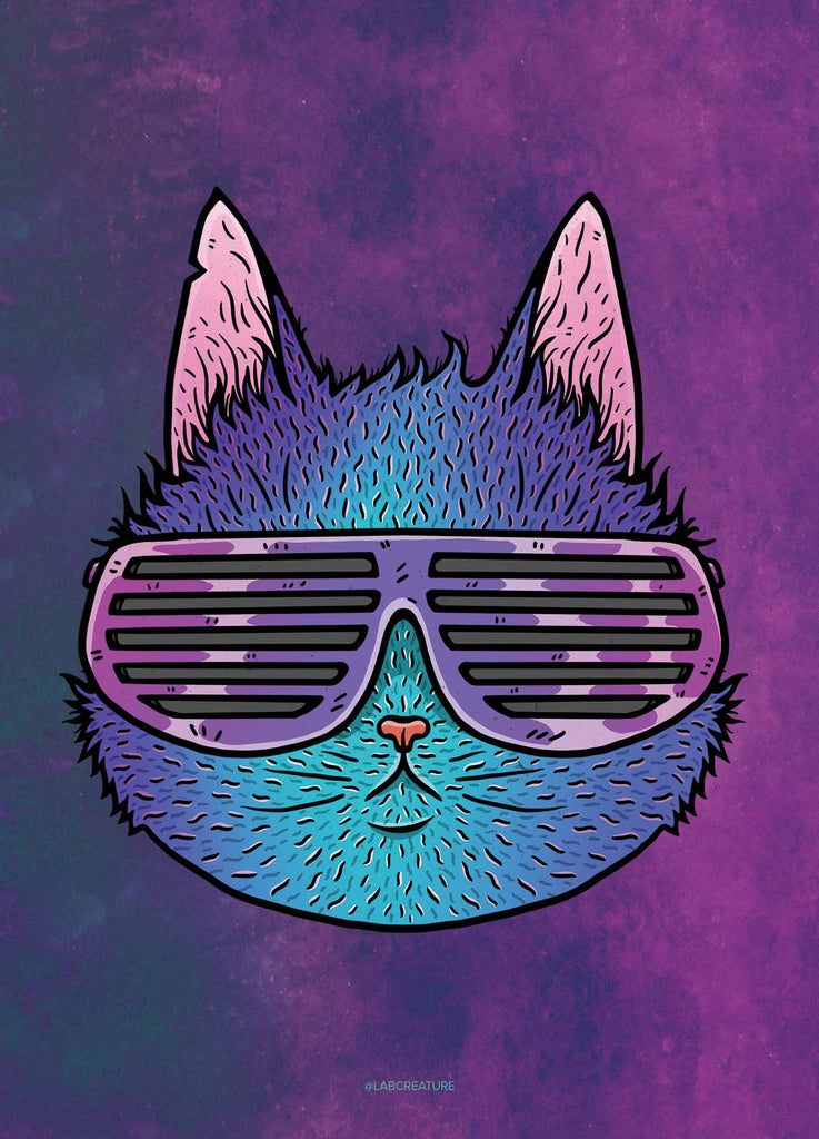 Illustration of a blue cat wearing purple sunglasses with cutouts on the lenses on a purple textured background