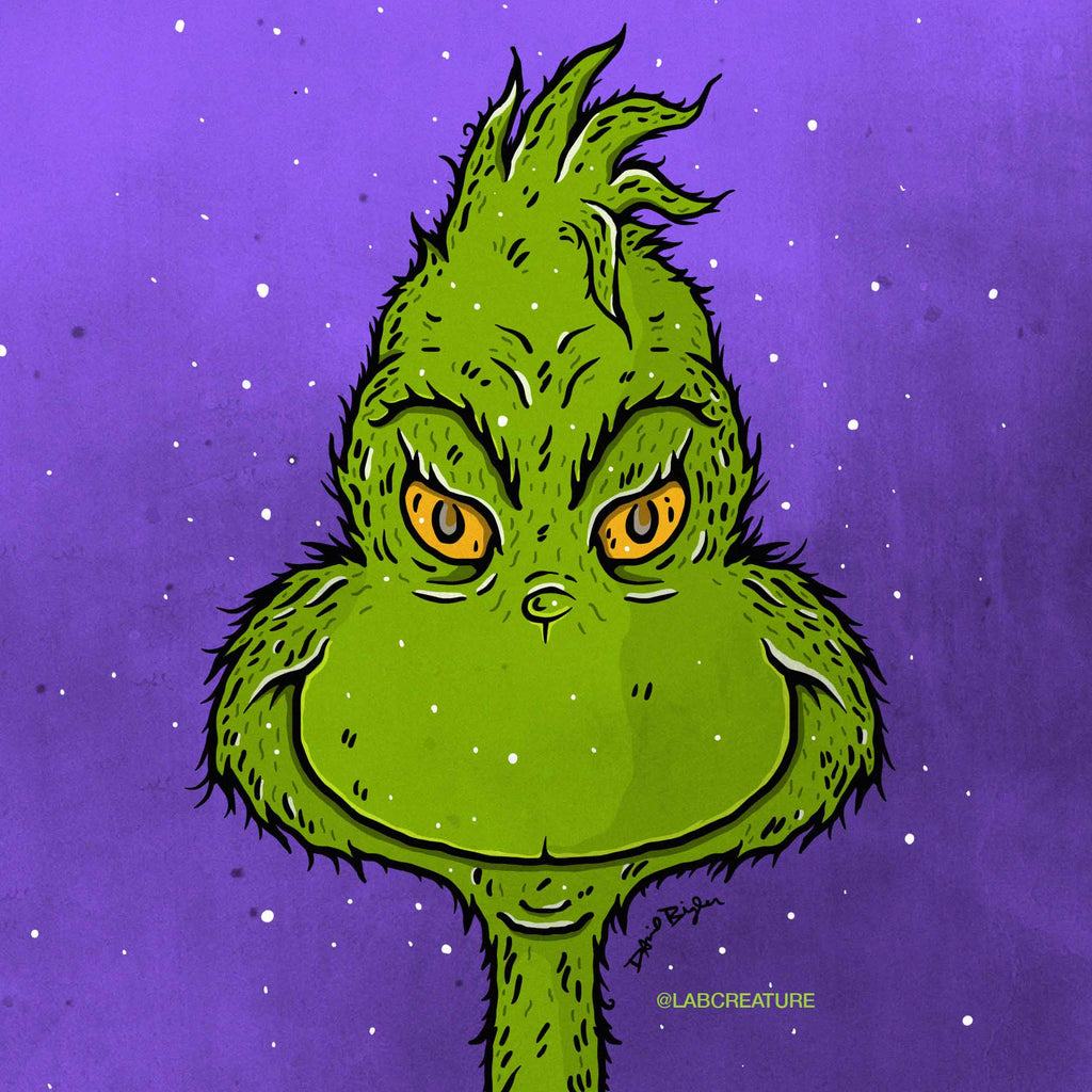 Illustration of The Grinch in green with yellow orange eyes with a purple background and snow flakes