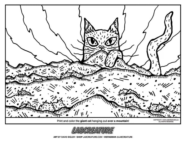 Illustration of a cat the size of a mountain preview of our cat coloring book 