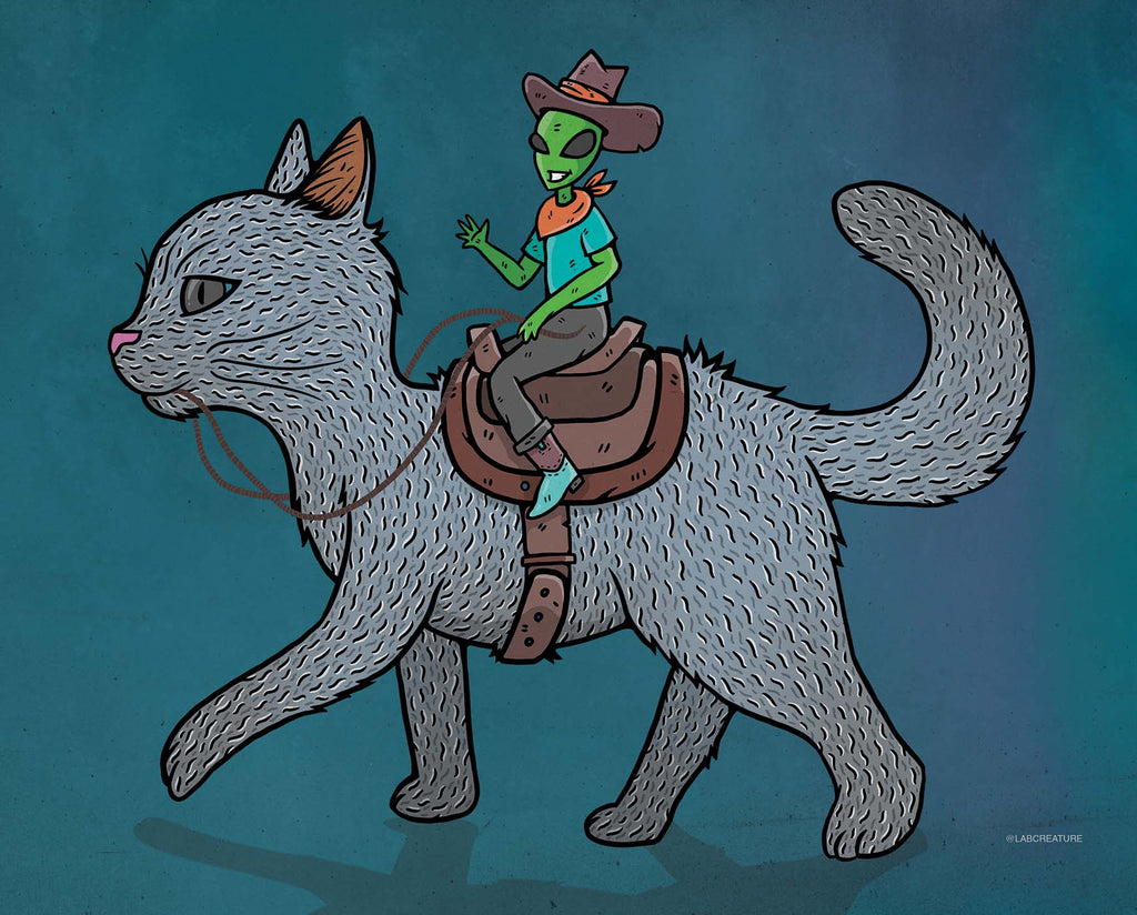 Illustration of a grey cat with a saddle and a green alien dressed in a cowboy outfit and waving