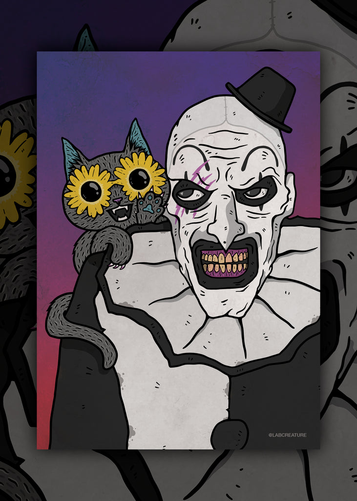 Illustration of an Art the Clown from Terrifier looking over his shoulder at a grey cat with sunflower sunglasses on and claws out. Art has scratches on his face from where the cat scratched him. The backgorund is a red to purple gradient.