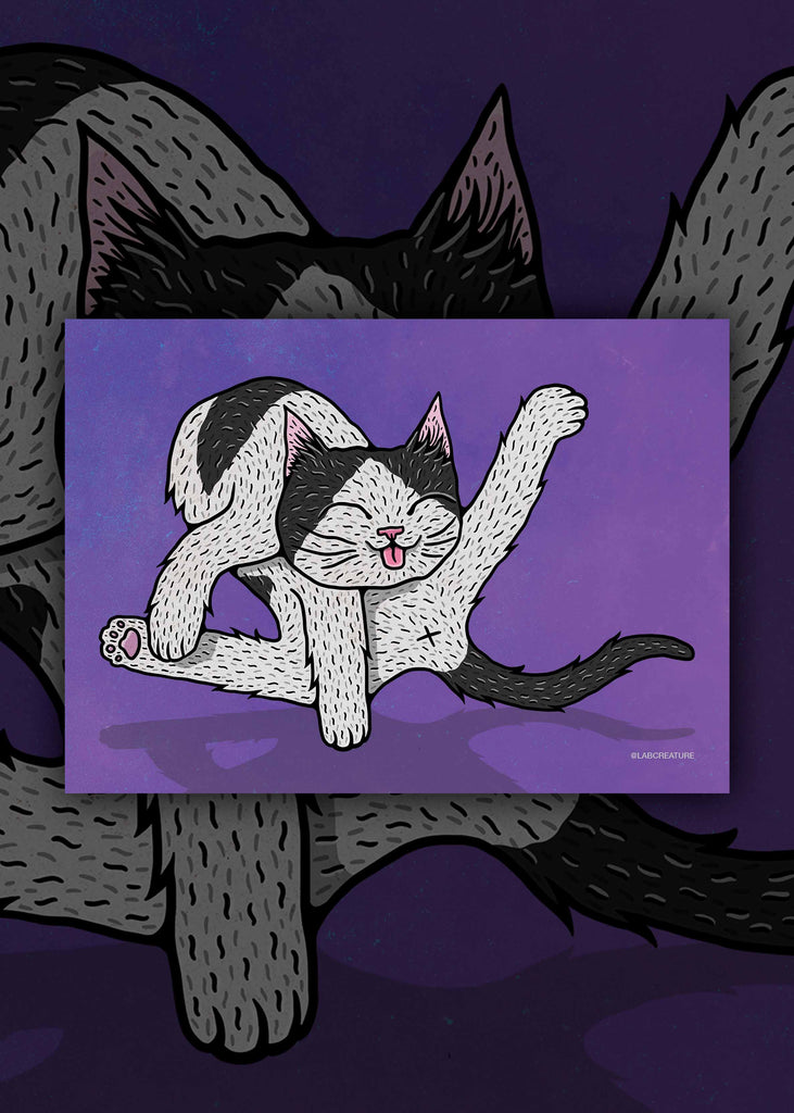 Illustration of a black and white cat taking a bath with a purple background