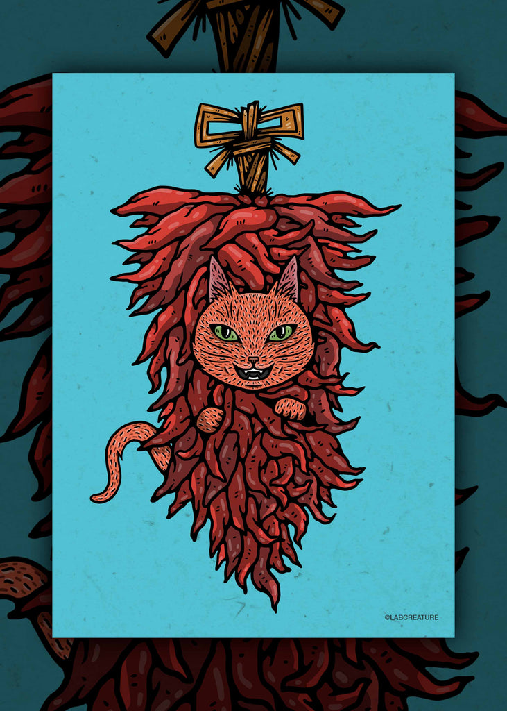 Illustration of an orange cat peeking out of a red chile ristras on a blue background