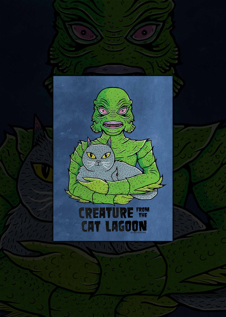 Illustration of The Creature from the Black Lagoon holding a grey cat with a blue background, five inches by seven inches