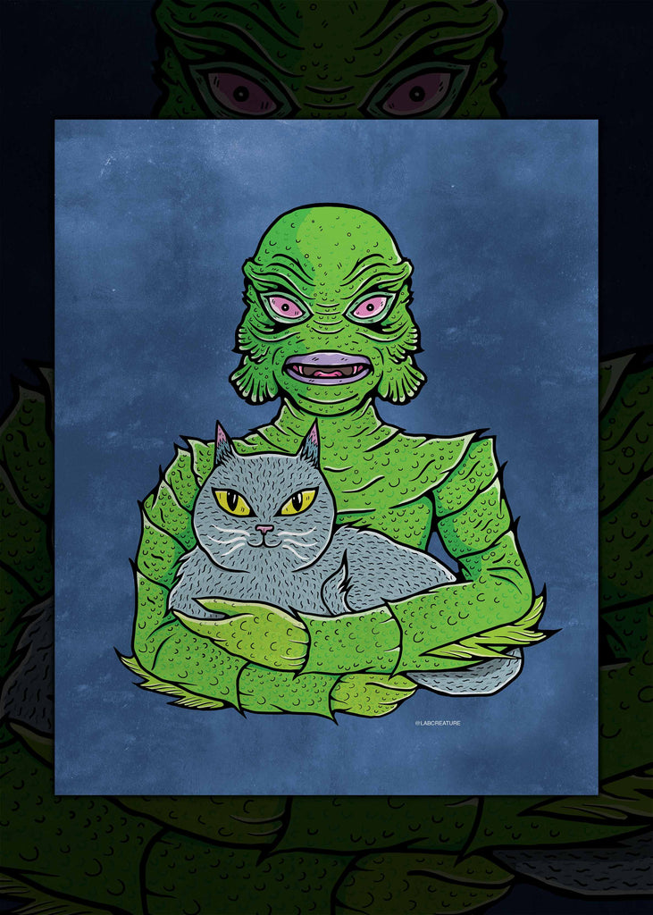 Illustration of The Creature from the Black Lagoon holding a grey cat with a blue background, eight inches by ten inches