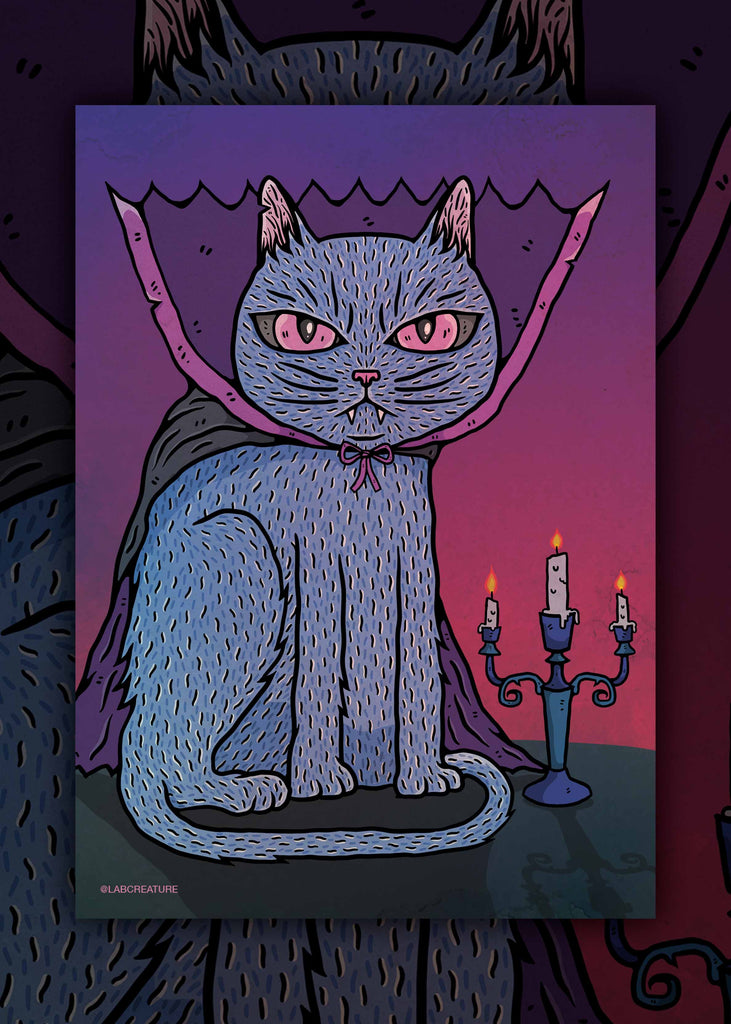 Illustration of a cat in a purple cape with pink accents, sitting on a table with candles against a dark background.
