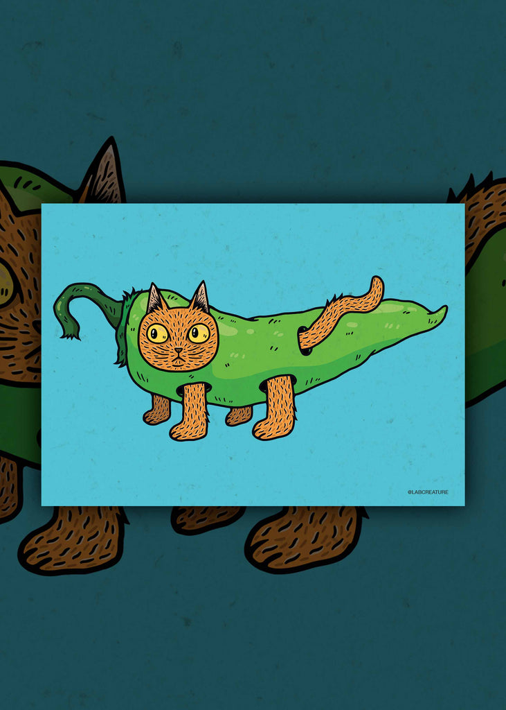 Illustration of an orange cat with yellow eyes wearing a Hatch Green Chile costume on a turquoise background.