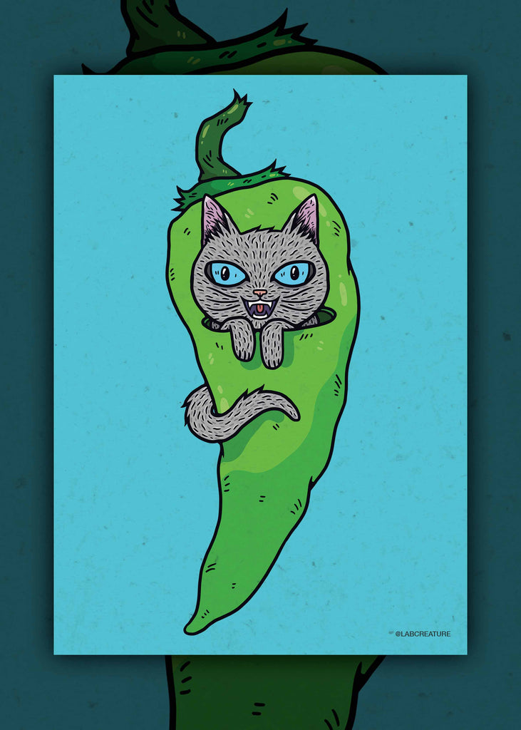 Illustration of a grey cat inside a green chile pepper on a blue background