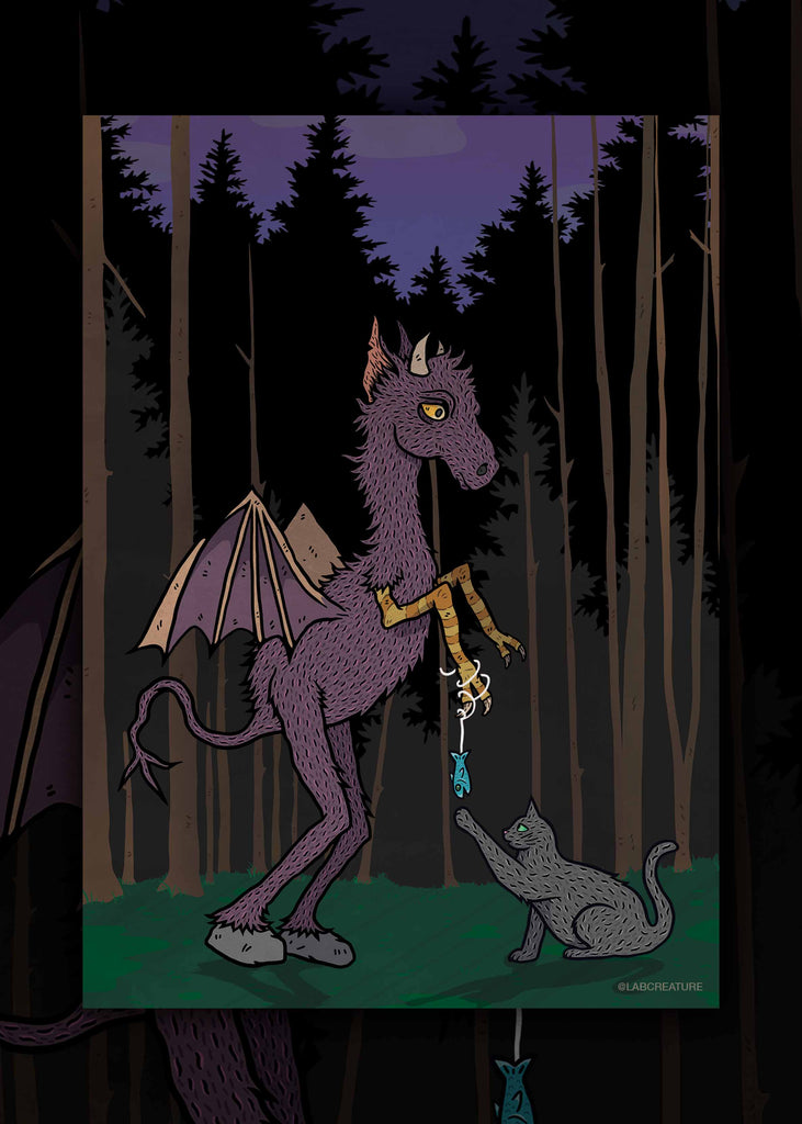 Illustration of a purple Jersey Devil holding a fish toy on a string that a grey cat is reaching out for. The background is a grassy ground with pine trees.