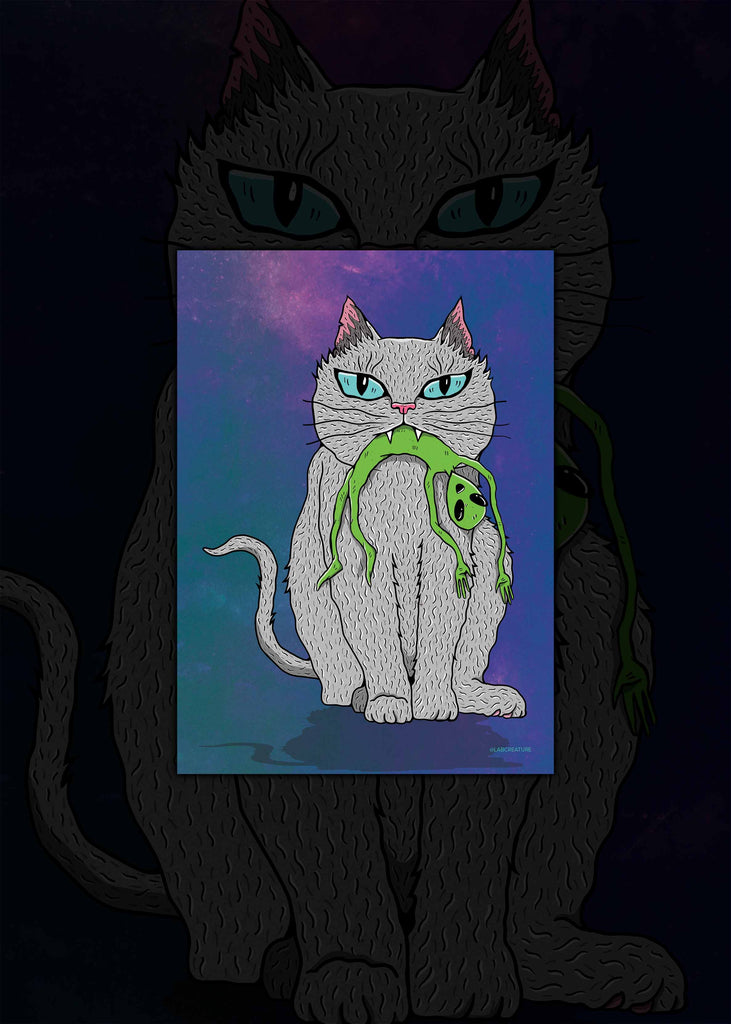 Illustration of a grey cat who caught a green alien in their mouth