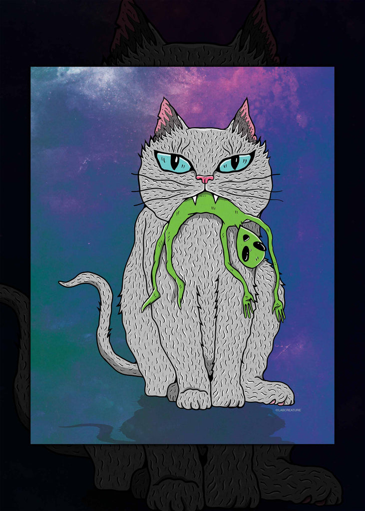 Illustration of a grey cat who caught a green alien in their mouth