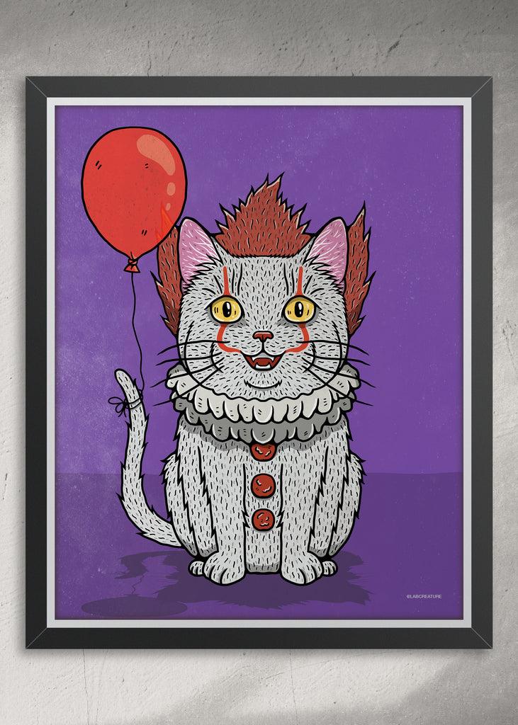 Framed illustrated print of a cat dressed as Pennywise the clown from Stephen King's IT