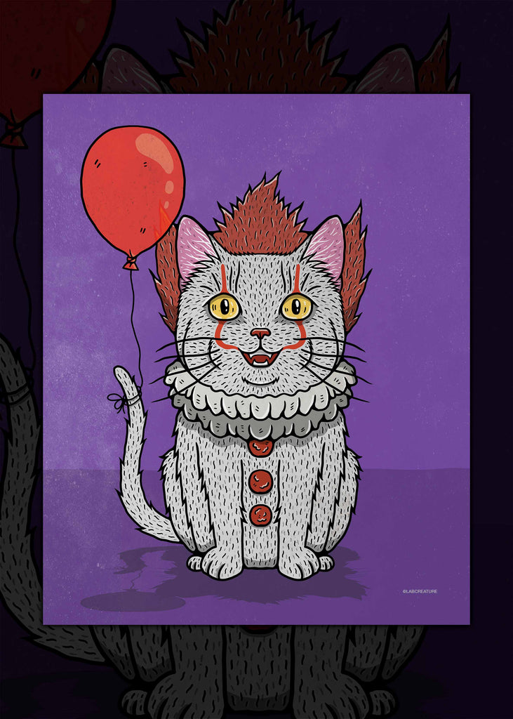 Framed illustrated print of a cat dressed as Pennywise the clown from Stephen King's IT, eight inches by ten inches