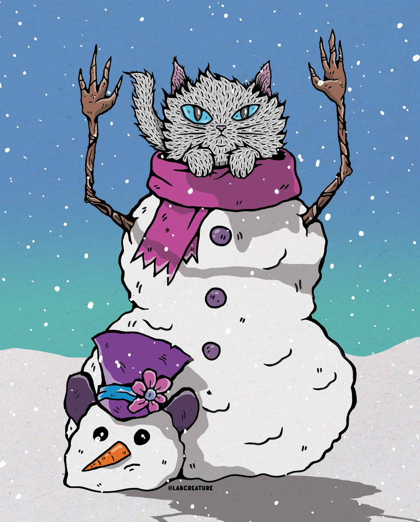 Illustration of a light grey cat sitting on a snowman where their head should be. The snowman's body has a purple scarf, arms made of sticks and three purple buttons. The snowman's head is on the grownd and wears a purple hat with a flower and a carrot nose. The background is snowy with a blue sky.