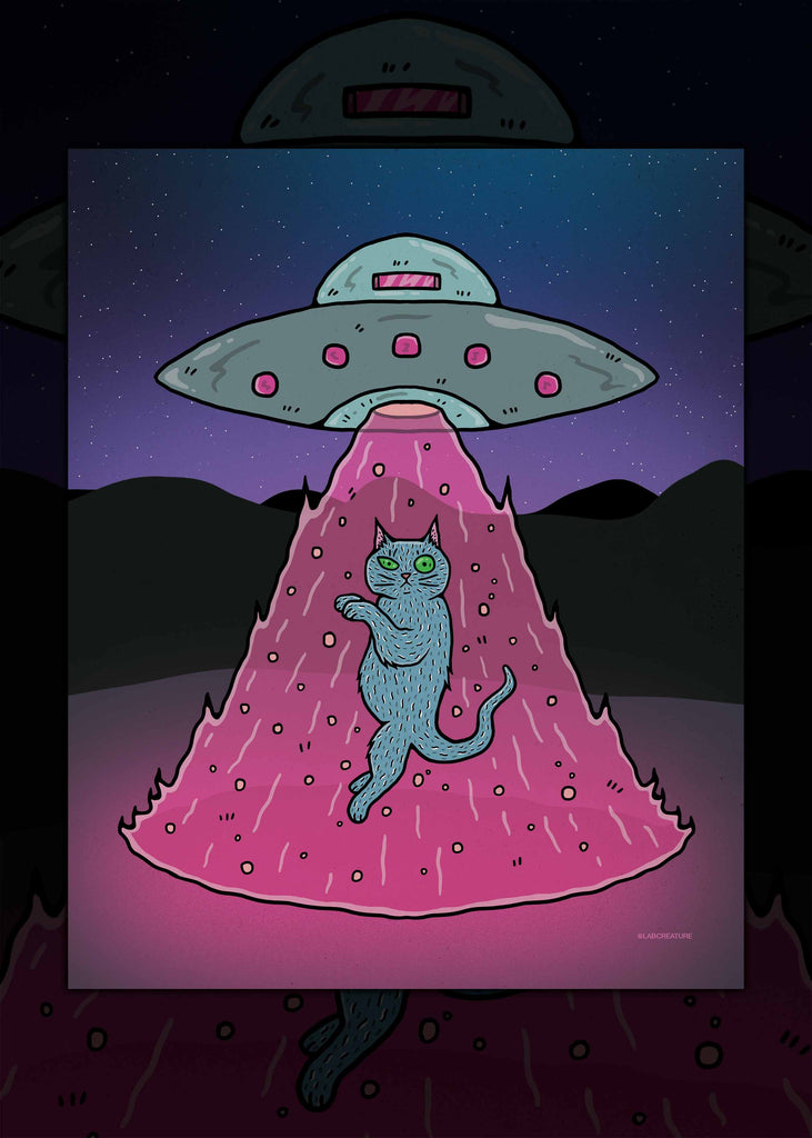 Framed illustration of a cat being beamed up by a ufo with a pink beam and star background, eight inches by ten inches