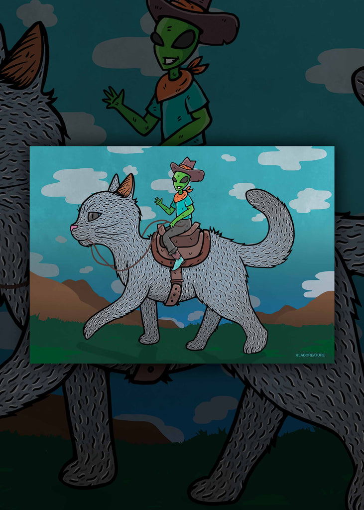 Illustration of a green alien in a cowboy hat riding a grey cat with a blue sky and clouds in the background.