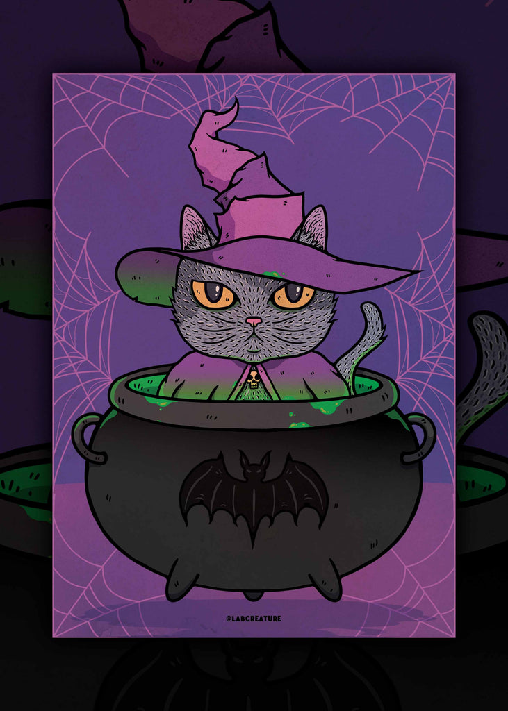 Illustration of a cat in a witch hat on a cauldron with a purple background