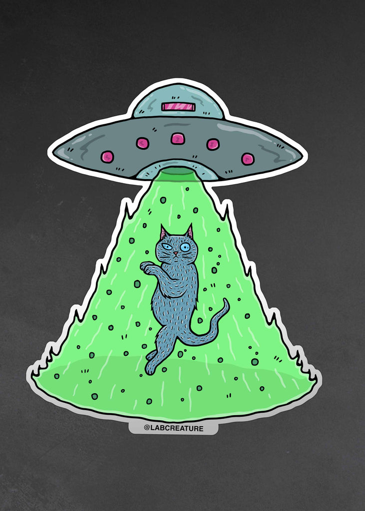 Picture of a vinyl sticker of a cat being beamed up by a ufo