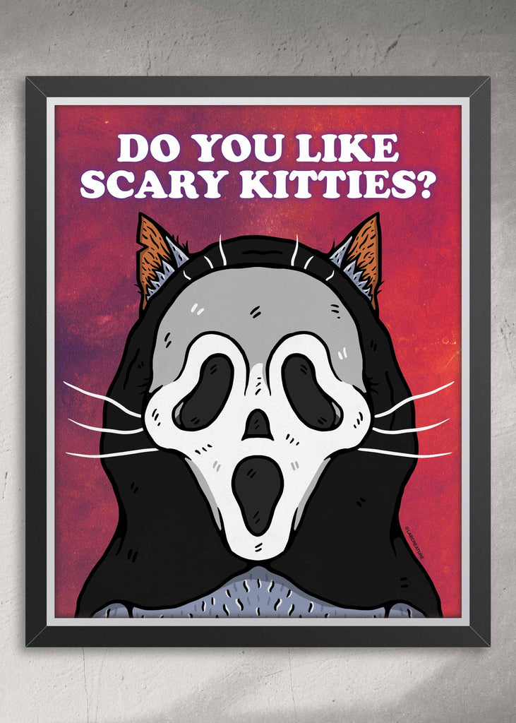 Illustration of a cat as Ghostface from SCREAM  with text do you like scary kitties?