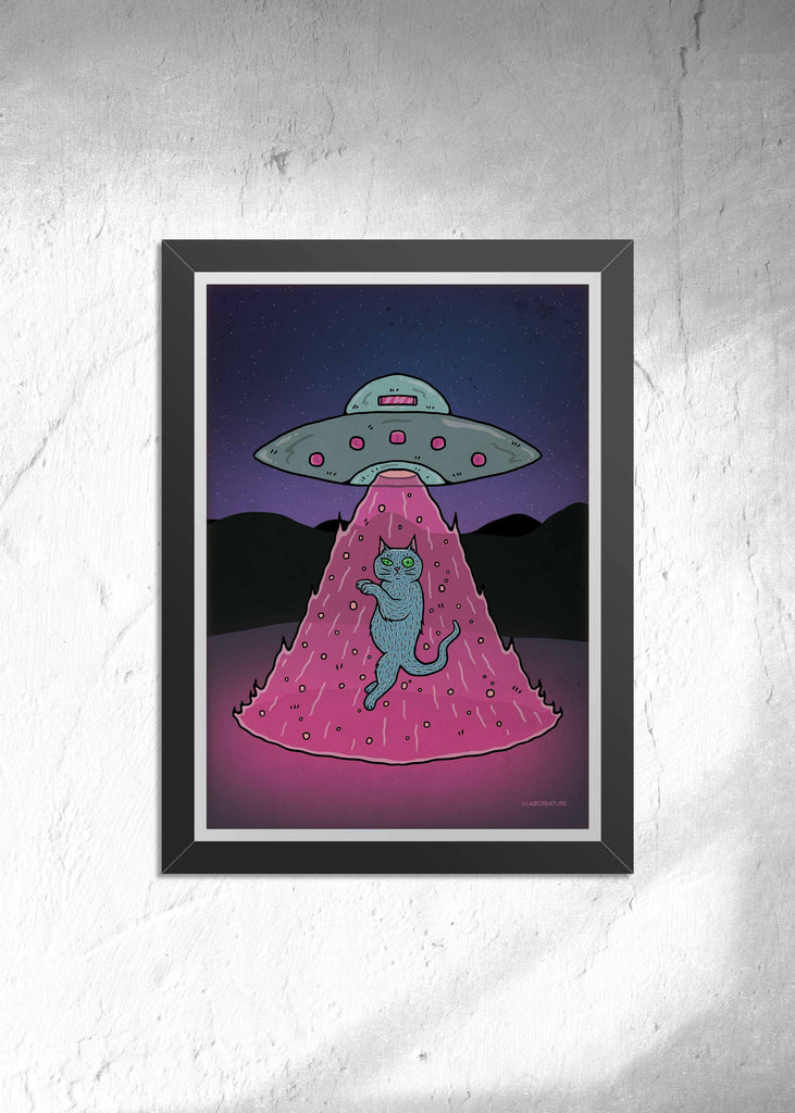 Framed illustration of a cat being beamed up by a ufo with a pink beam and star background